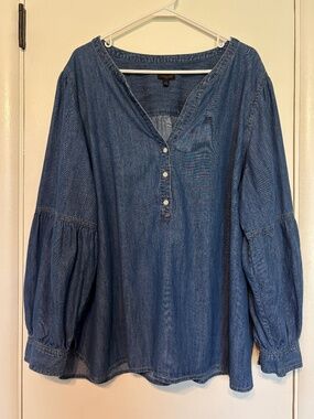 Talbots Women's Plus Blue Chambray Split-Neck Popover Shirt Top Blouse 3X